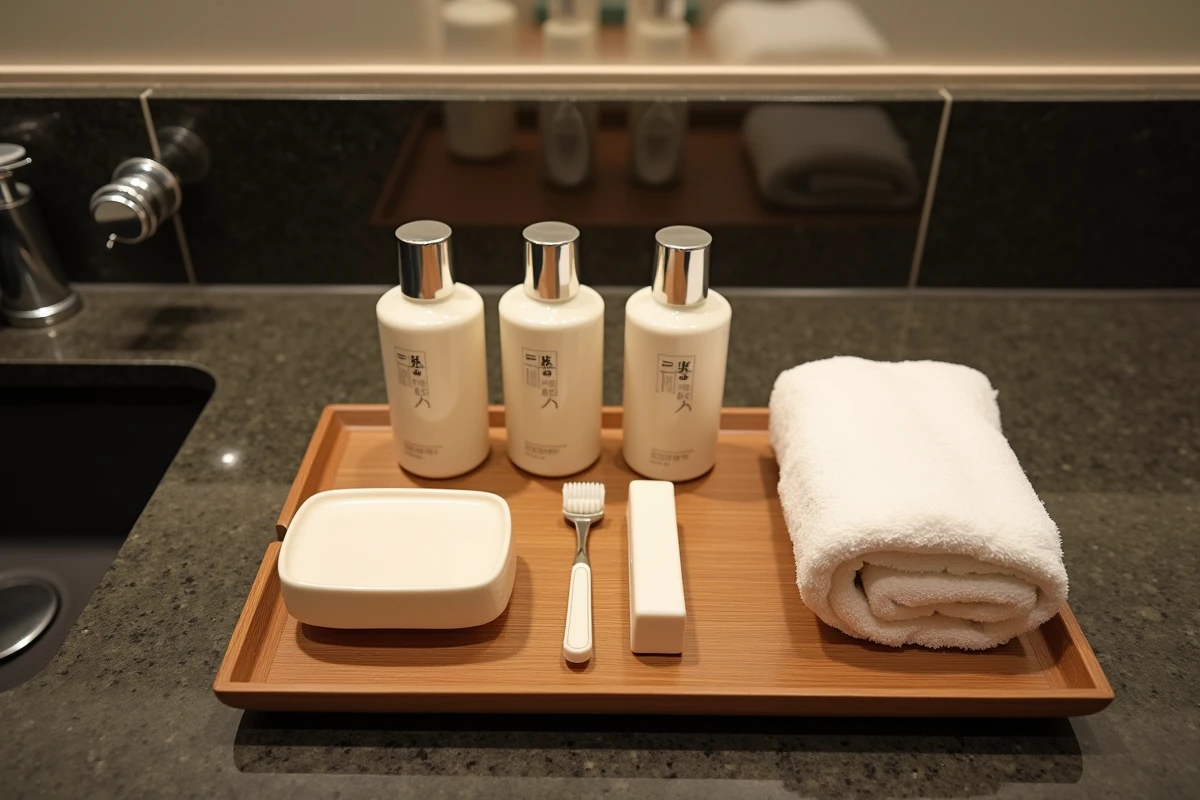 Comptoir de salle de bain japonaise d'hôtel avec produits de toilette en japonais, serviette pliée et accessoires disposés sur plateau bambou