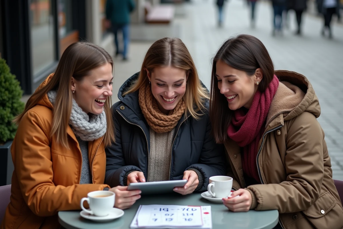 Trois amis réagissant à Keno sur une tablette en extérieur