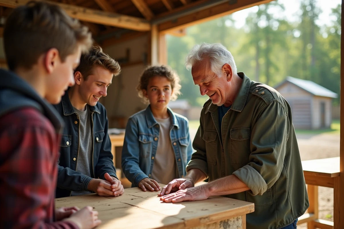 Professeur guidant des lyceens en atelier bois en plein air