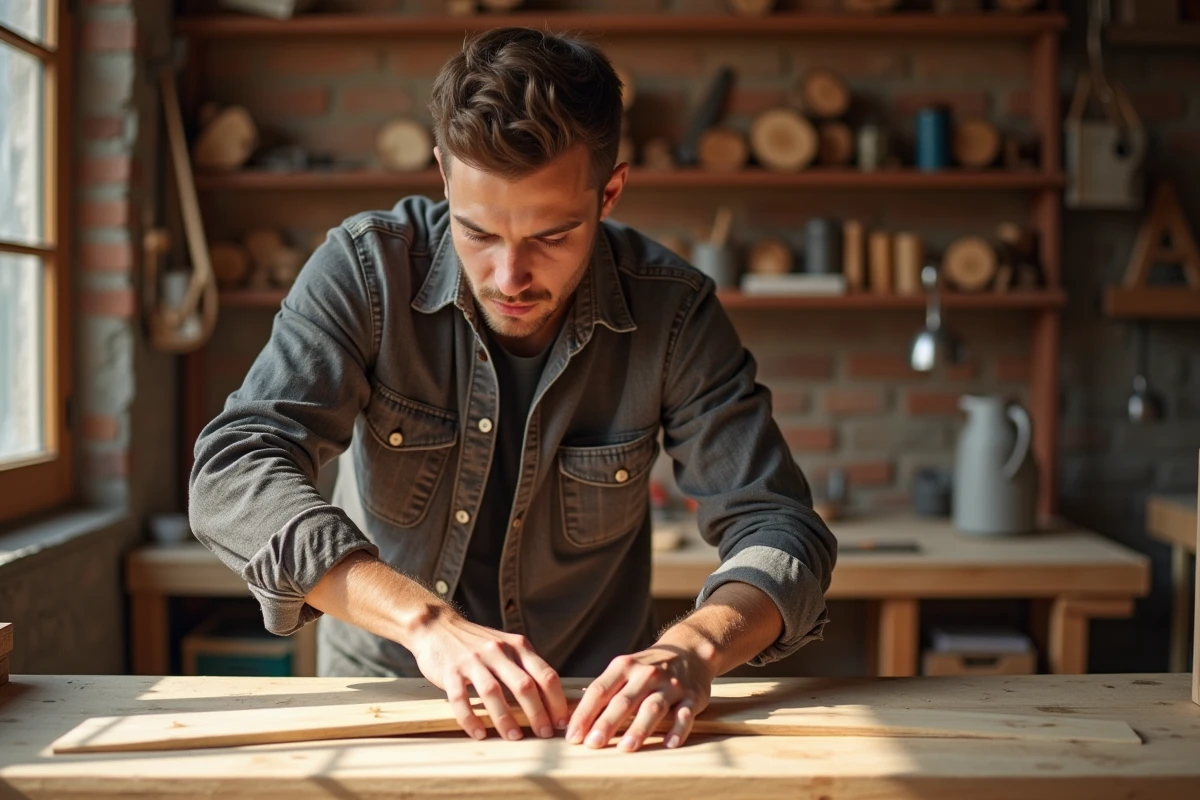 Jeune homme assemblant une étagère en bois dans un atelier