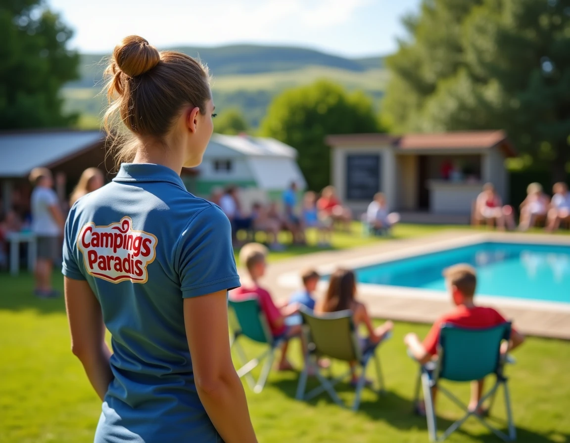 Animatrice en polo brandé Campings Paradis animant un moment convivial en famille dans un camping accessible en France