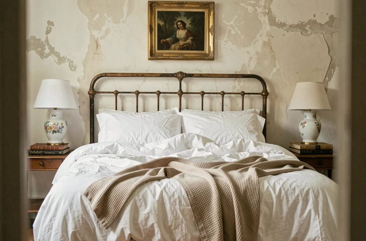 Chambre de style français avec lit en fer forgé, draps en percale blanche et mur en plâtre brut dans un esprit déco authentique