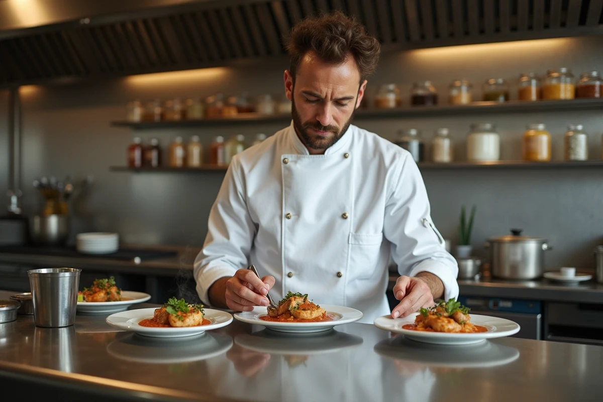 Chef cuisinier basque dressant un plat de marmitako dans la cuisine d'un restaurant local à Dancharia en Espagne