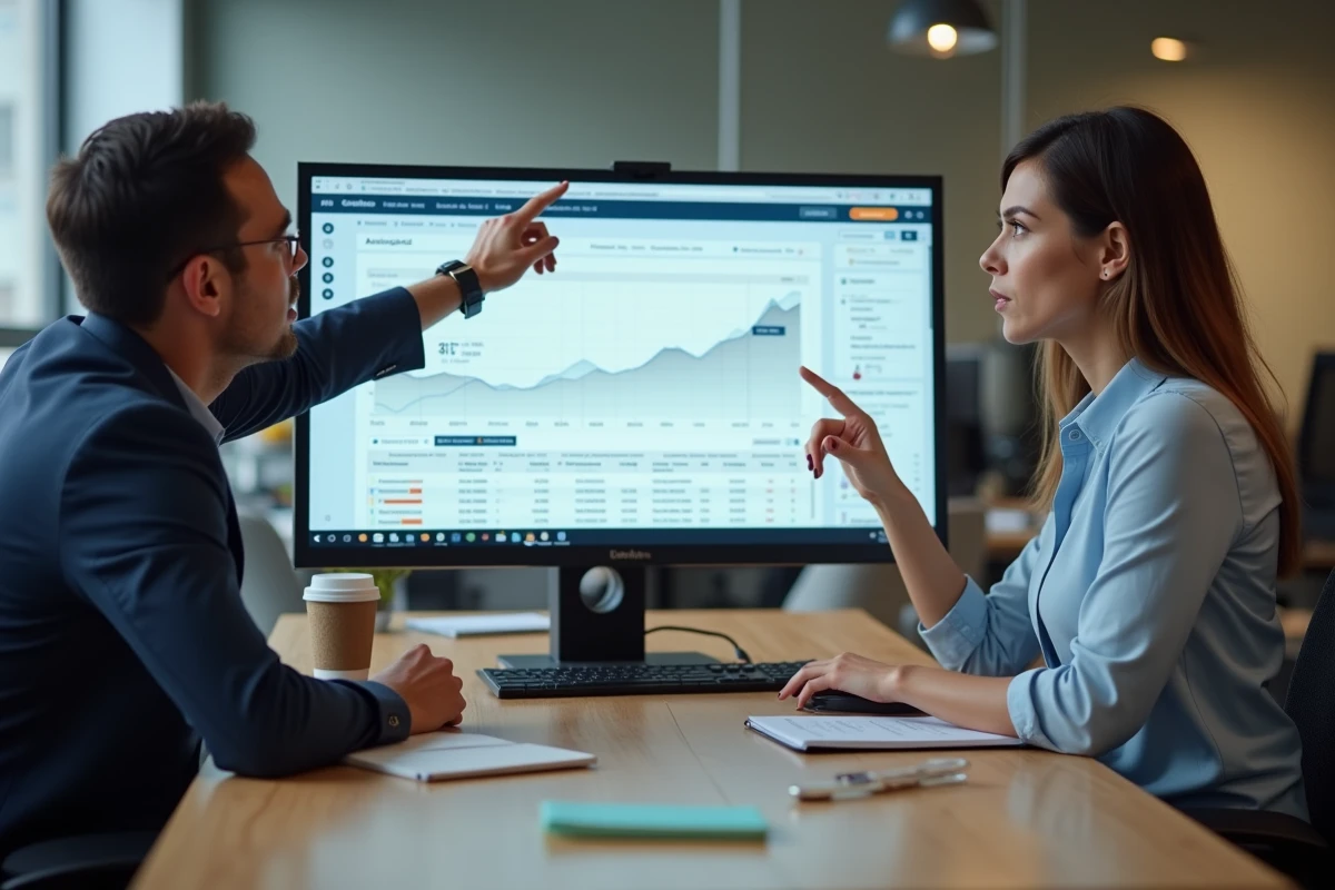 Collègues analysant ensemble un tableau de bord financier pour identifier les pièges d'une plateforme en ligne