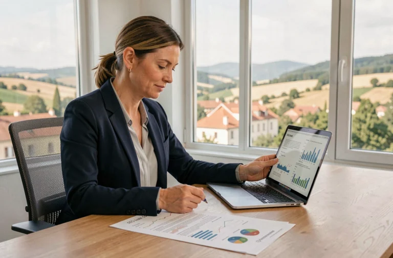 Consultante SEO en agence analysant des rapports d'audit pour un site web dans la Drôme