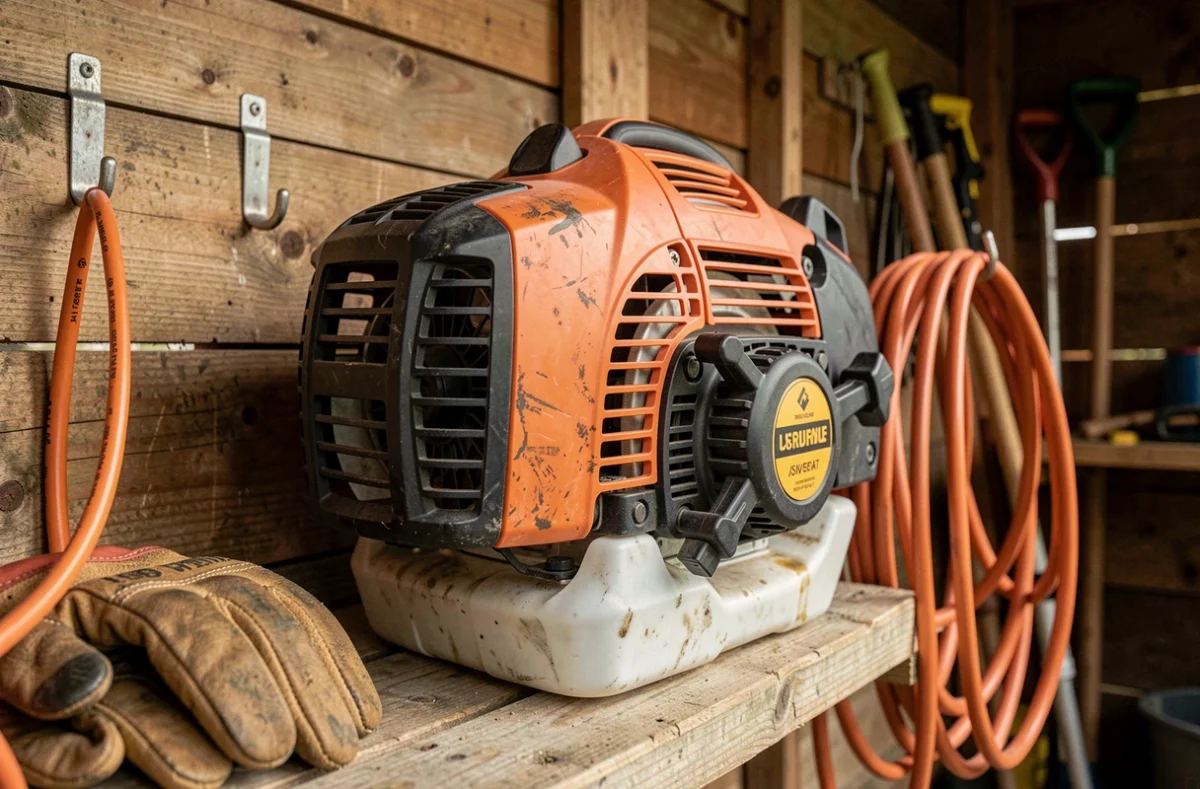 Coupe-bordure thermique professionnel appuyé contre un mur de cabane de jardin en bois