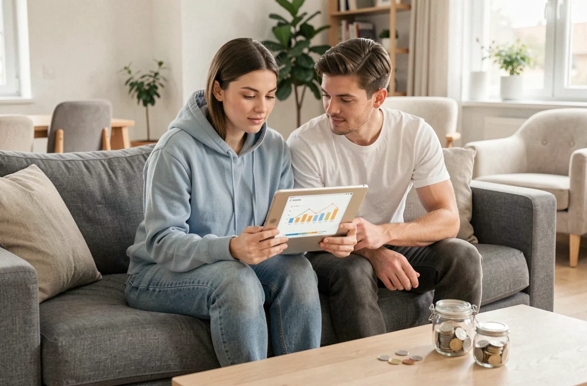 Couple de jeunes adultes planifiant leur budget commun avec une tablette dans un salon moderne
