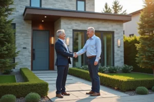 Couple souriant devant maison moderne accueillante