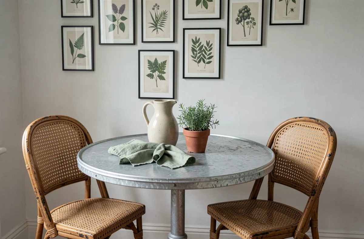 Coin repas de style français avec table en zinc vieilli, chaises en rotin et galerie de planches botaniques vintage