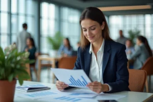 Diplômée d'un master MOSS travaillant dans un bureau moderne sur des rapports d'analyse professionnelle