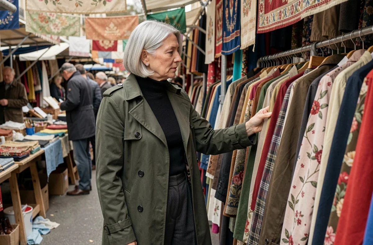 Femme élégante aux cheveux argentés en bob parisien, portant un col roulé noir et un trench olive dans un marché aux puces