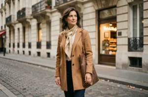 Femme élégante à la française portant un manteau camel et un foulard en soie dans une rue pavée parisienne au style haussmannien