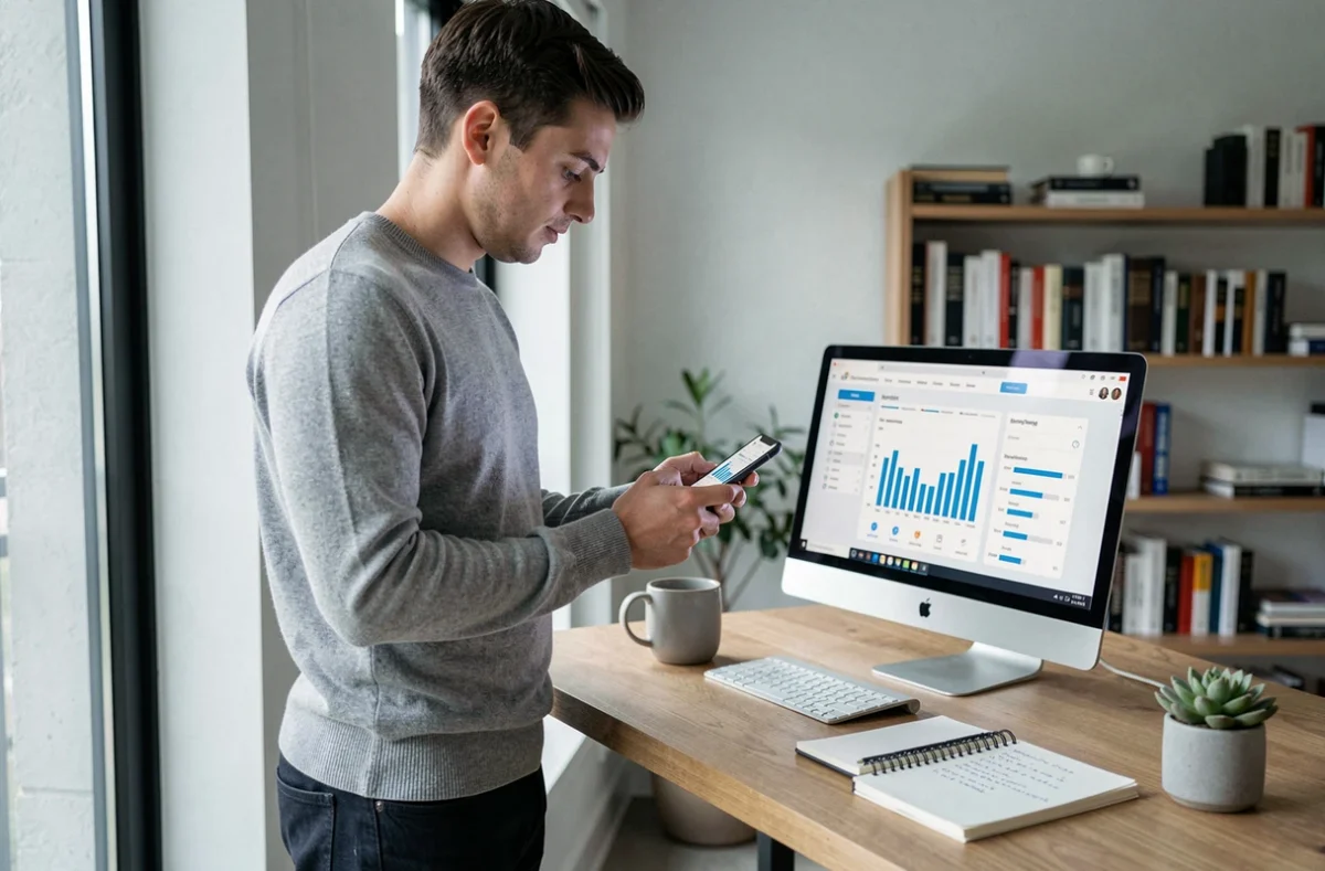Entrepreneur analysant les tendances marketing digitales et les réseaux sociaux depuis son bureau à domicile moderne en 2024
