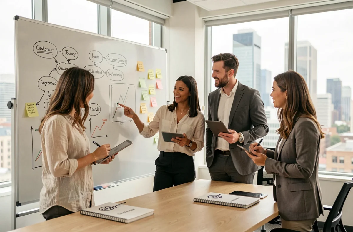Équipe marketing collaborative discutant des tendances incontournables pour 2024 autour d'un tableau blanc dans une salle de réunion moderne