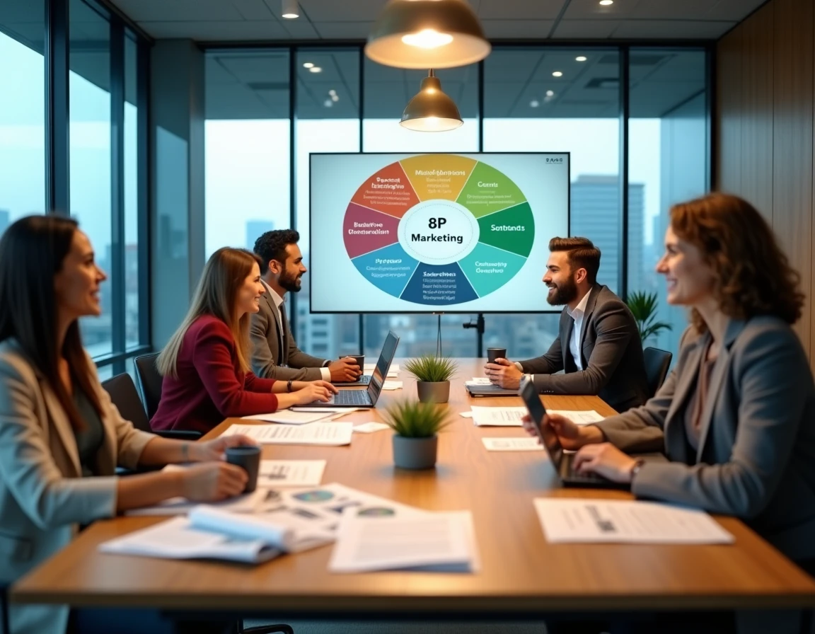 Équipe marketing en réunion autour d'une table avec des documents de stratégie 8P et un écran affichant un schéma marketing dans une salle de conférence moderne