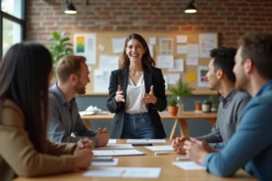Jeune femme souriante en coworking avec equipe diverse