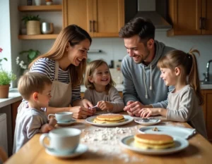 Famille réunie autour d'une table en bois pour préparer des crêpes ensemble un matin de week-end, ambiance chaleureuse et conviviale dans une cuisine familiale