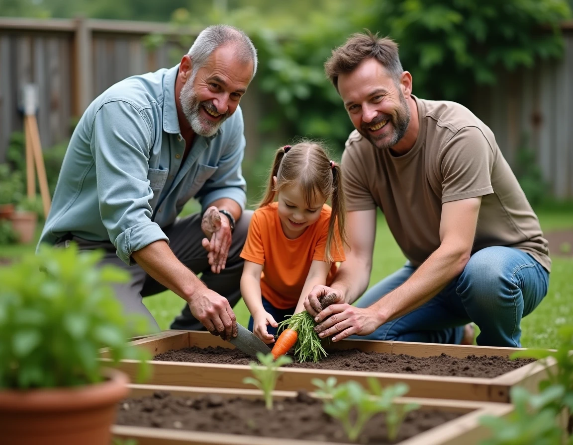 Deux pères et leur fille jardinent ensemble dans un potager familial en plein air, activité en famille pour cultiver des légumes et partager des moments de vie saine