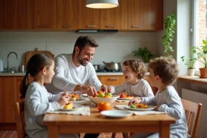 Famille réunie autour du petit-déjeuner dans une cuisine chaleureuse un dimanche matin