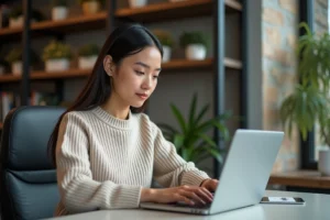 Jeune femme au bureau moderne utilisant un ordinateur portable