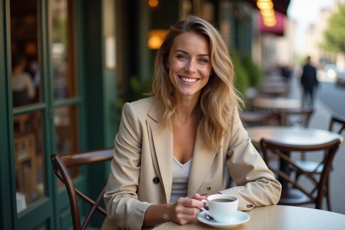 Femme souriante dans un café parisien en matinée