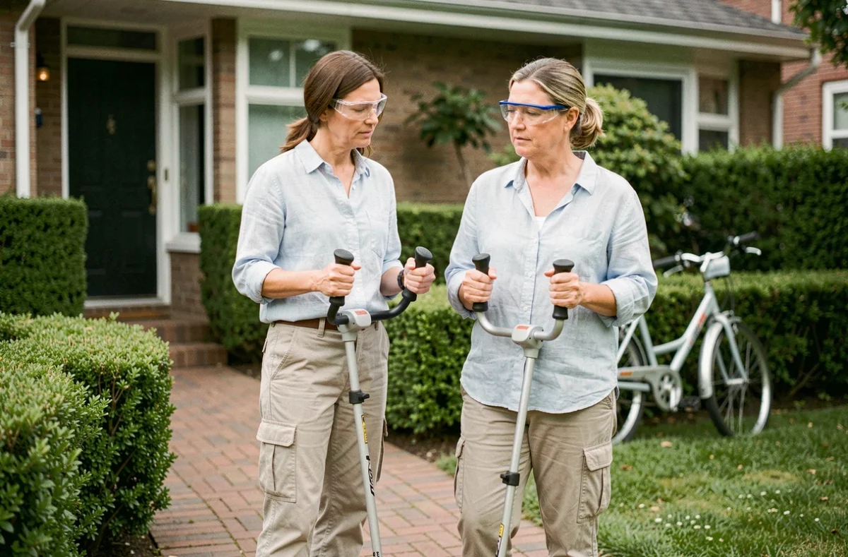 Femme comparant deux coupe-bordures thermiques dans un jardin de maison individuelle