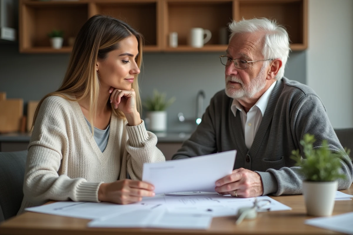 Femme et homme âgé discutant de documents immobiliers