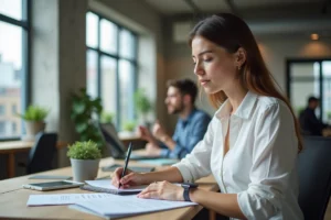 Femme entrepreneur en train d'analyser des documents et prendre des notes pour développer son business dans un espace de coworking moderne