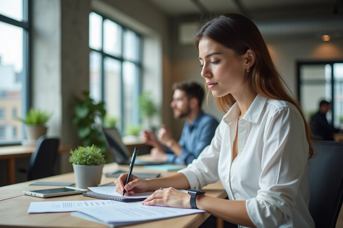 Femme entrepreneur en train d'analyser des documents et prendre des notes pour développer son business dans un espace de coworking moderne