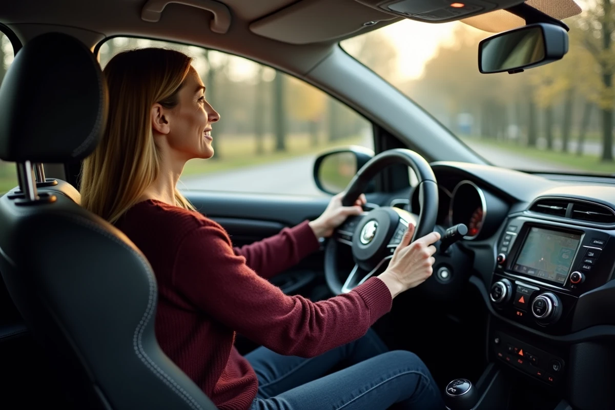 Femme au volant d'une voiture compacte lors d'un essai routier en zone pavillonnaire