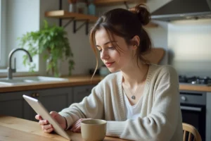 Jeune femme lisant sur une tablette dans la cuisine