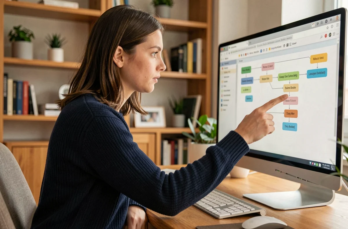 Jeune femme naviguant sur un plan de site web complet affiché sur un grand écran dans un bureau à domicile moderne