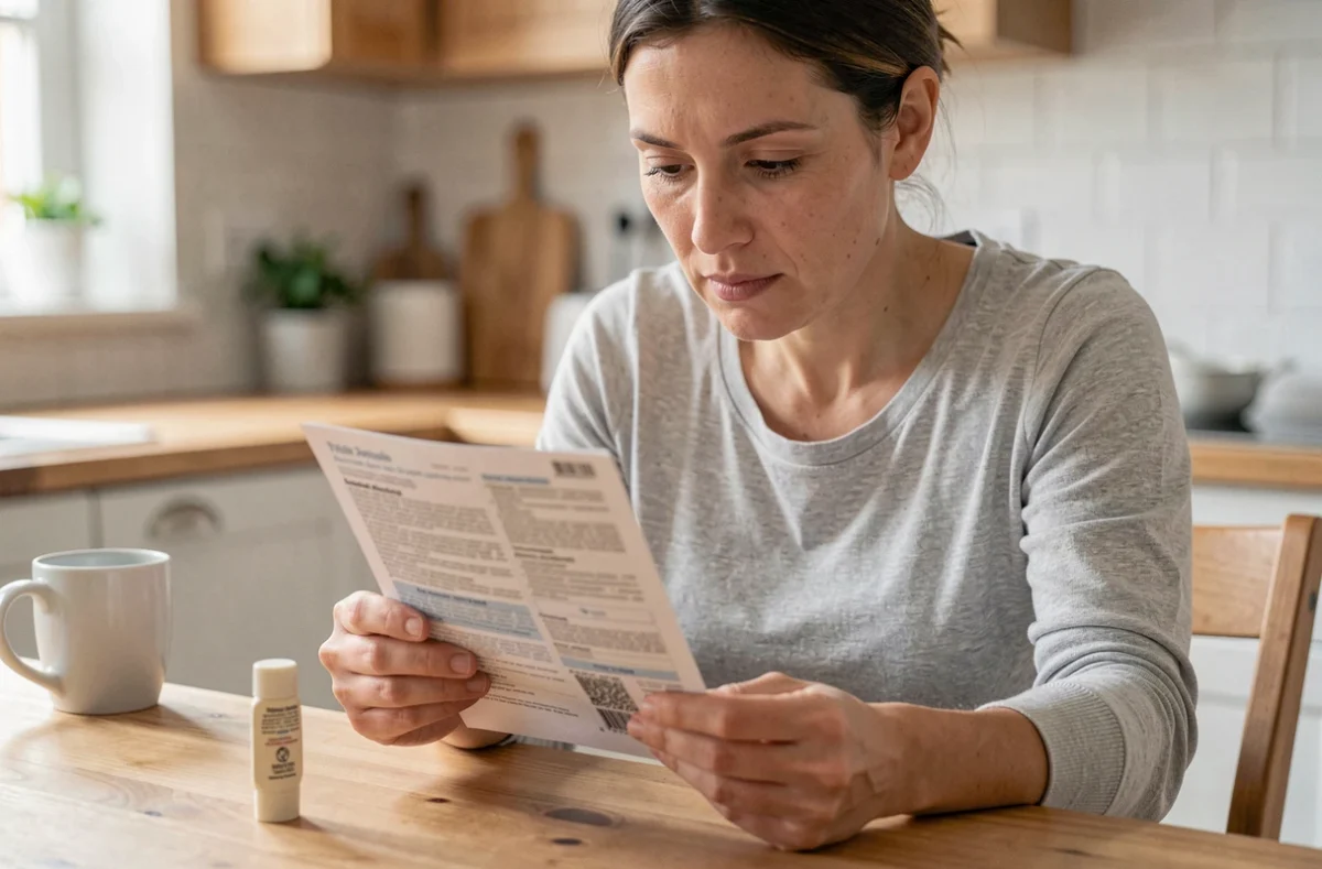 Femme lisant la notice d'un médicament topique à la maison avant utilisation