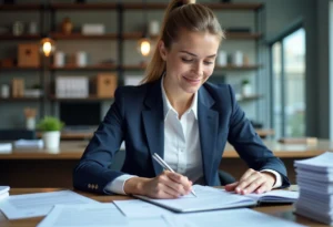 Femme en blazer navy triant des documents au bureau