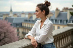 Femme parisienne regardant au loin depuis un balcon