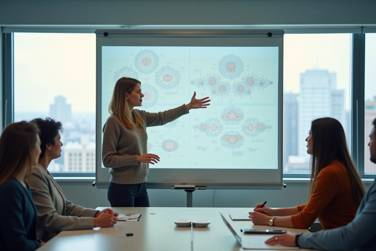Femme en présentation avec graphique dans une salle moderne