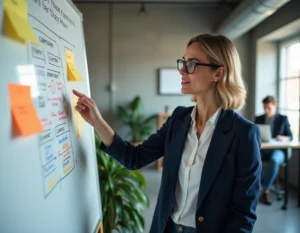 Femme professionnelle expliquant la méthode 8P devant un tableau blanc avec des schémas de stratégie marketing dans un bureau moderne