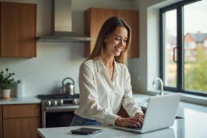 Femme souriante recherchant des biens immobiliers sur son ordinateur