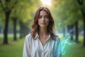 Femme calme avec aura colorée dans un parc
