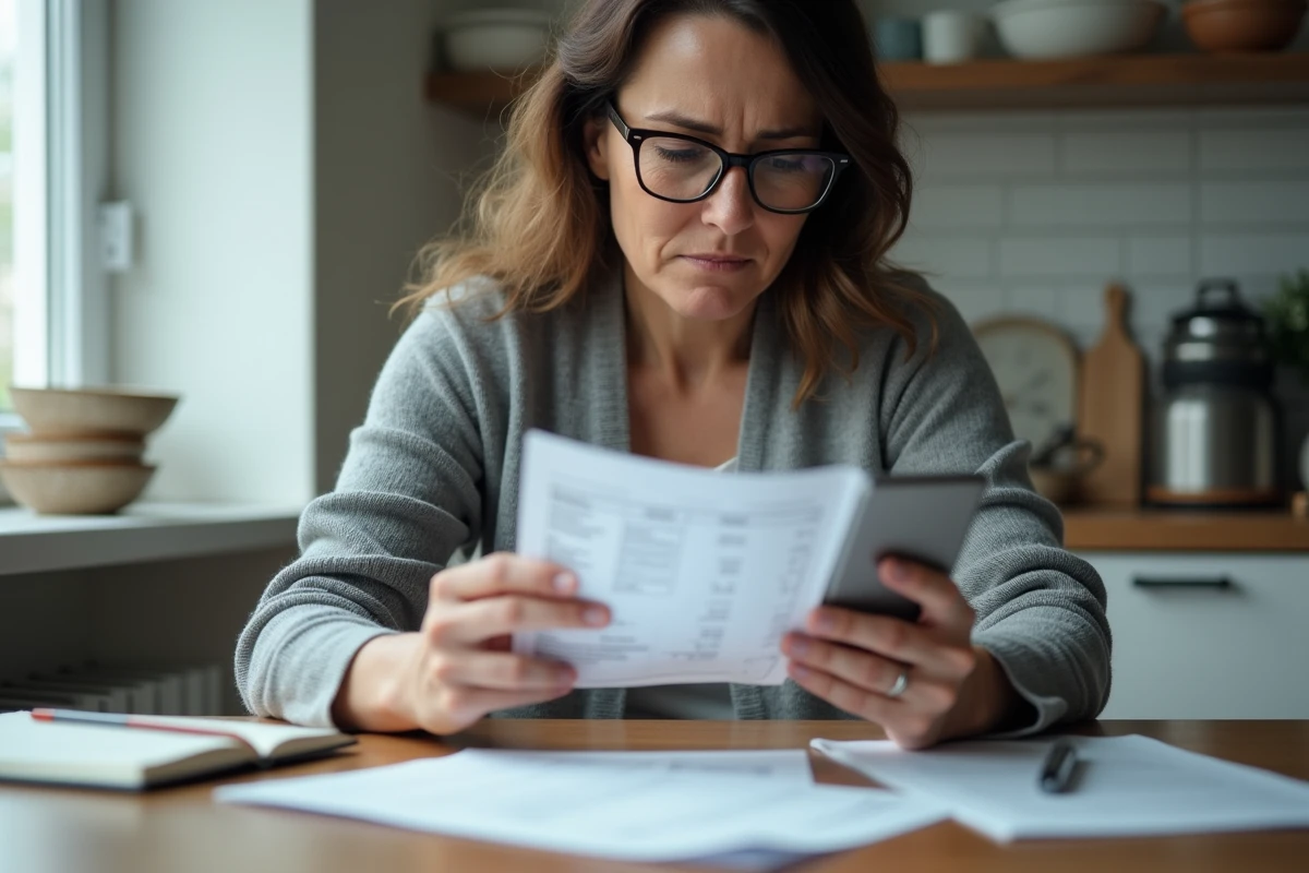 Femme comparant ses relevés bancaires pour détecter des pertes d'argent sur un service en ligne