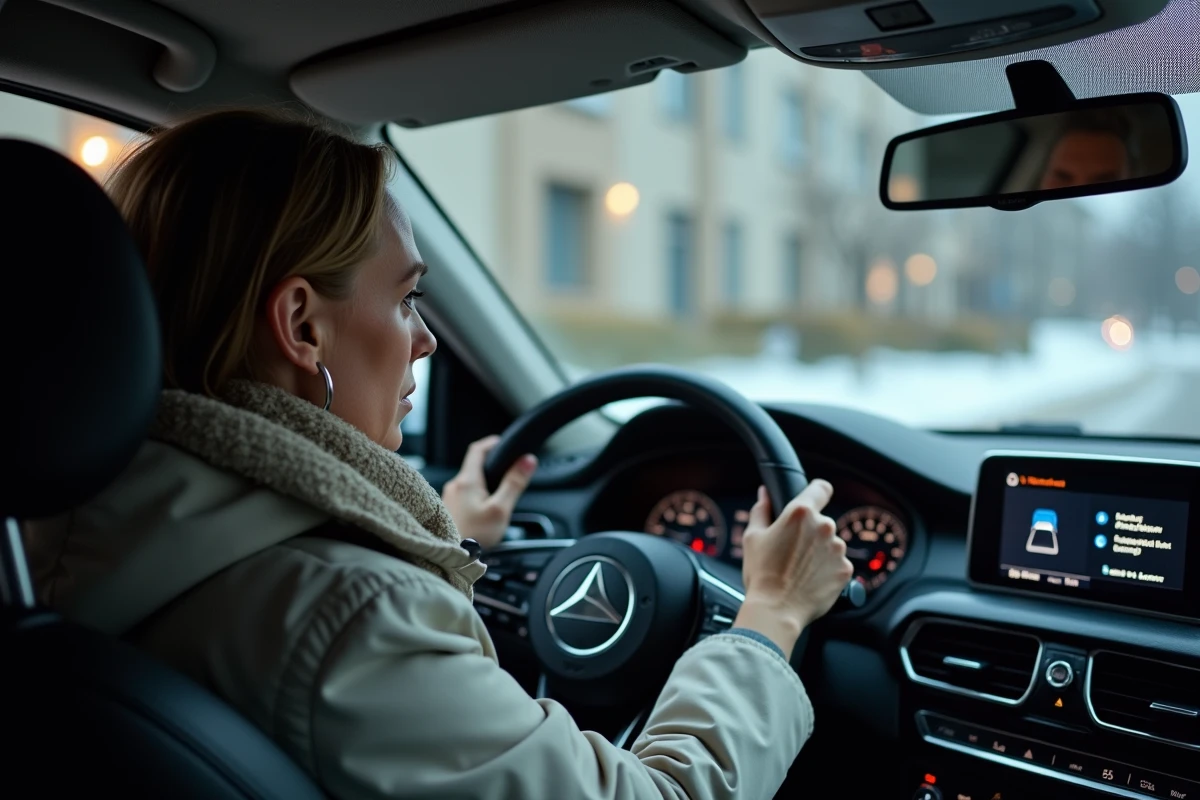 Femme dans sa voiture avec alerte de systeme de stationnement