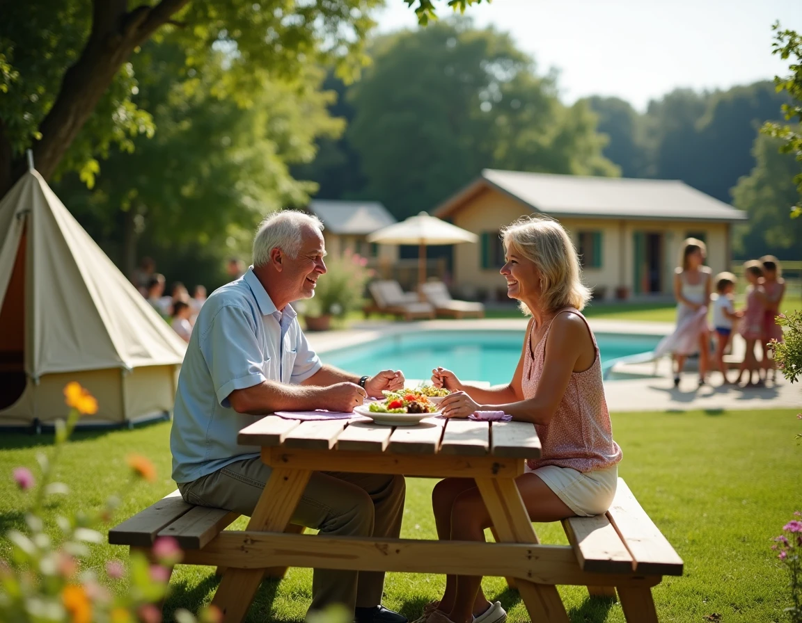 Couple déjeunant à l'extérieur dans un camping Flower Campings à taille humaine en pleine campagne française