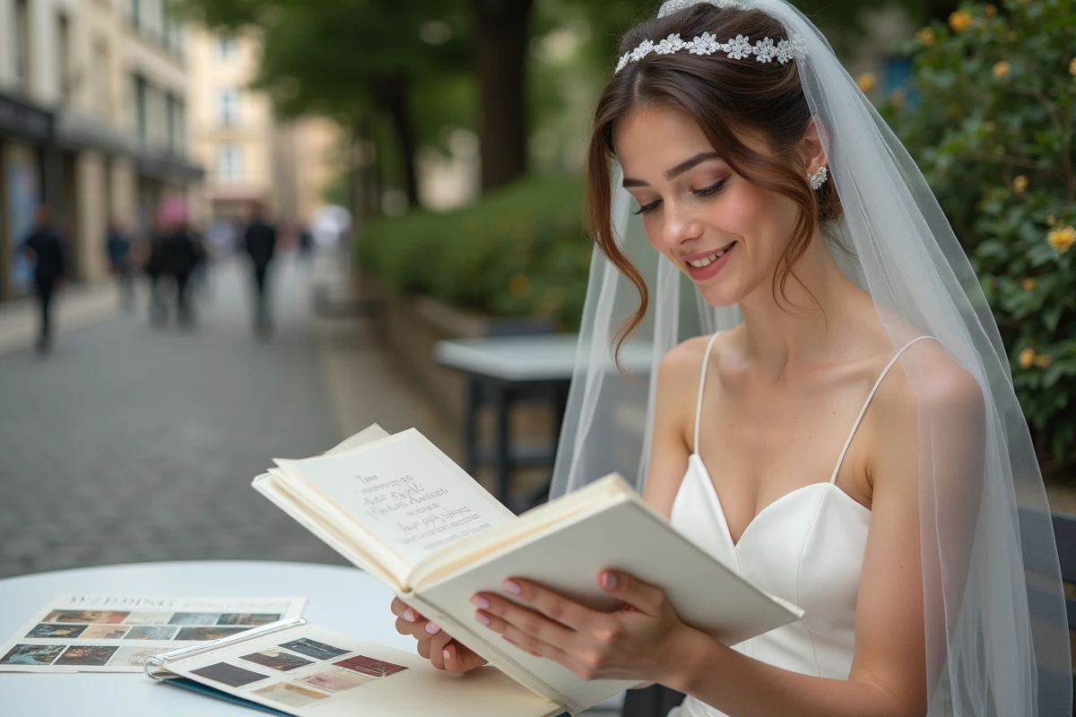 Jeune future mariée regardant son plan de mariage en extérieur