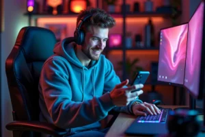 Homme souriant dans son espace gaming coloré