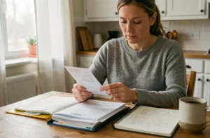 Femme gérant son budget familial à la table de cuisine avec des factures et un carnet de notes
