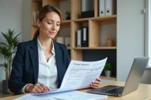 Femme gestionnaire de copropriété analysant ses charges sur un tableau de bord immobilier numérique dans un bureau moderne