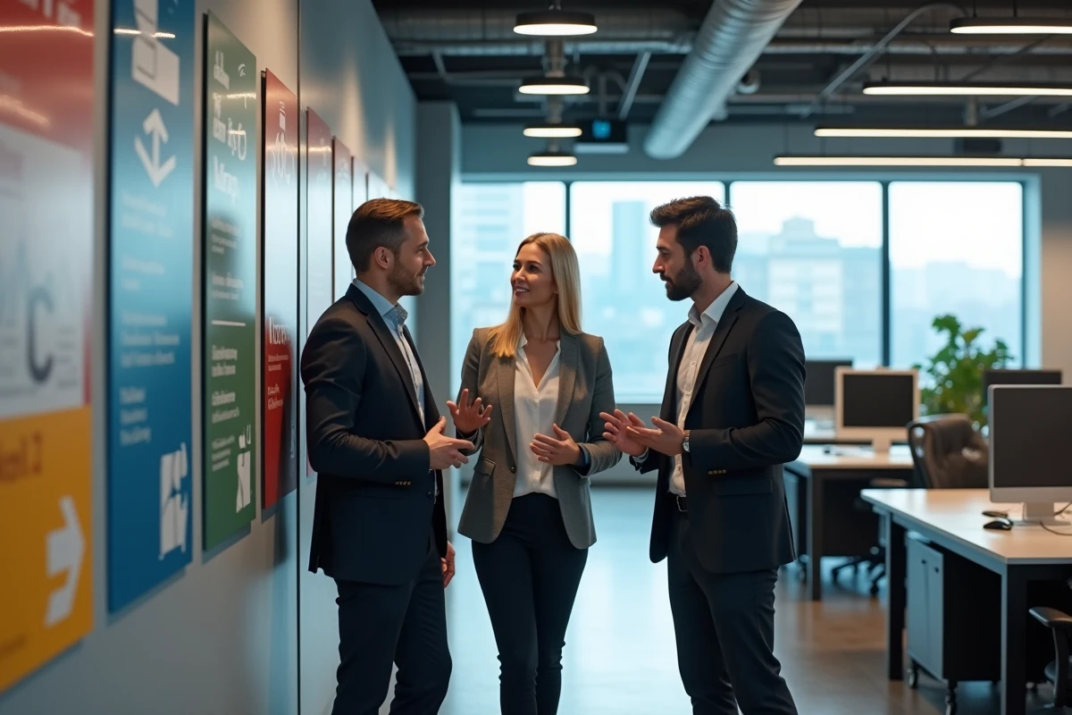Groupe de collègues discutant devant un systeme de signalisation coloré