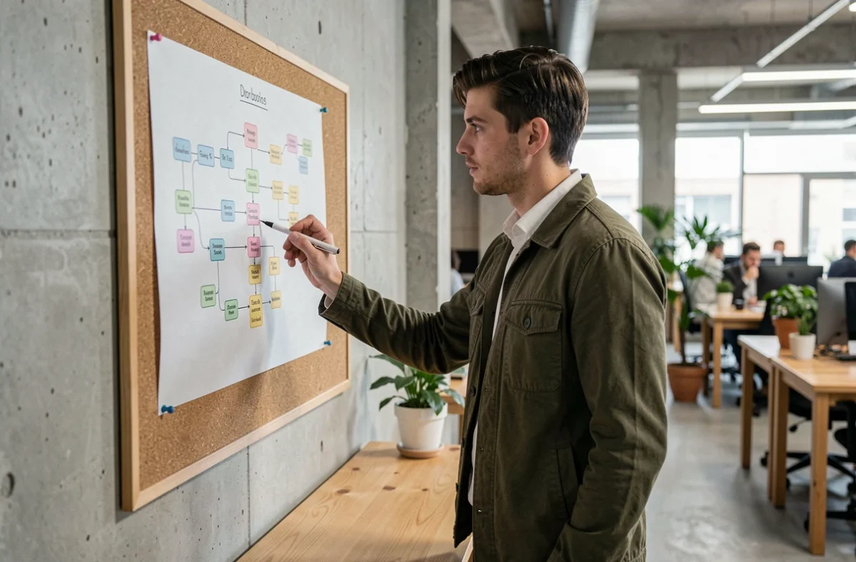 Homme analysant un plan de site imprimé sur un tableau d'affichage dans un espace de co-working moderne