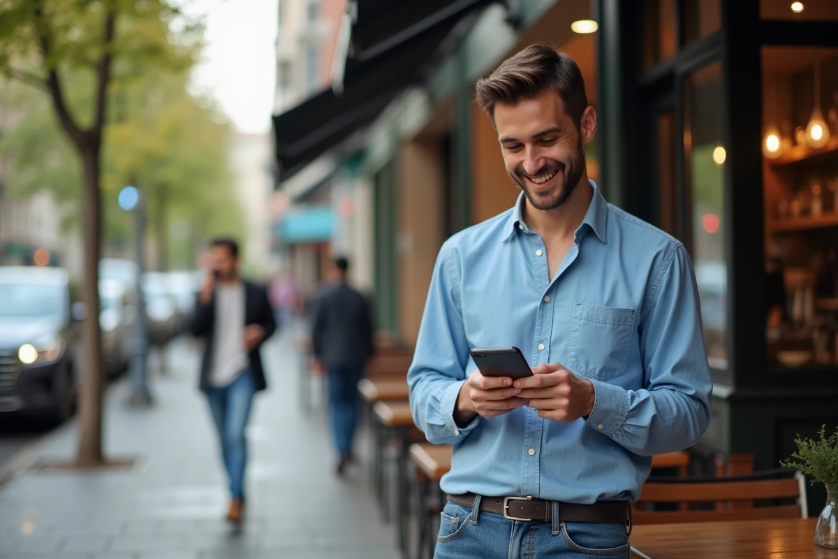 Jeune homme dans un café urbain vérifiant ses analyses sur smartphone