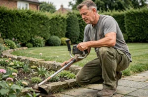 Homme utilisant un coupe-bordure thermique le long d'une allée de jardin en pierre